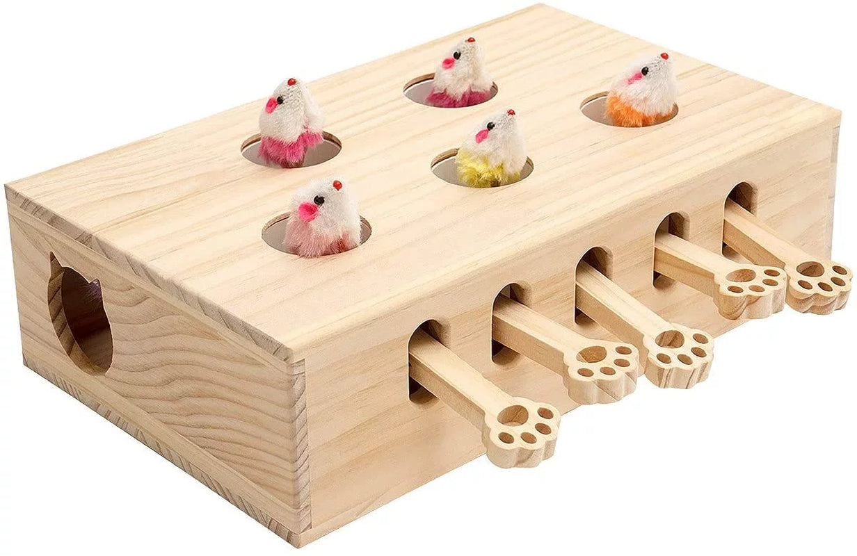 Cat Toys Interactive Whack a Mole Solid Wood Toys for Indoor Cats Kitten Catch Mice Game